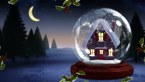 animación del globo de nieve de navidad con casa sobre paisaje de invierno y luna creciente