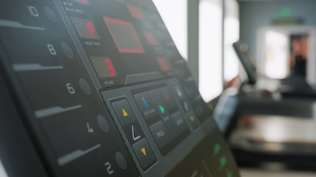 close up hand view of woman with purple polished nail pressing button on treadmill machine control panel during gym session with blurred view of another treadmill in background