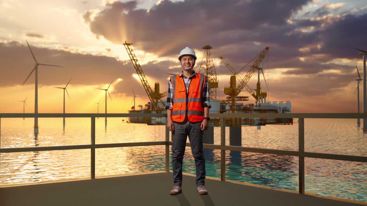 cuerpo lleno de ingeniero masculino asiático con casco de seguridad sonriendo a la cámara mientras está de pie con la producción de hidrógeno en alta mar