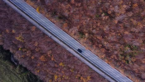 scenic aerial view of cars passing on a straight asphalted road in the middle of the countryside