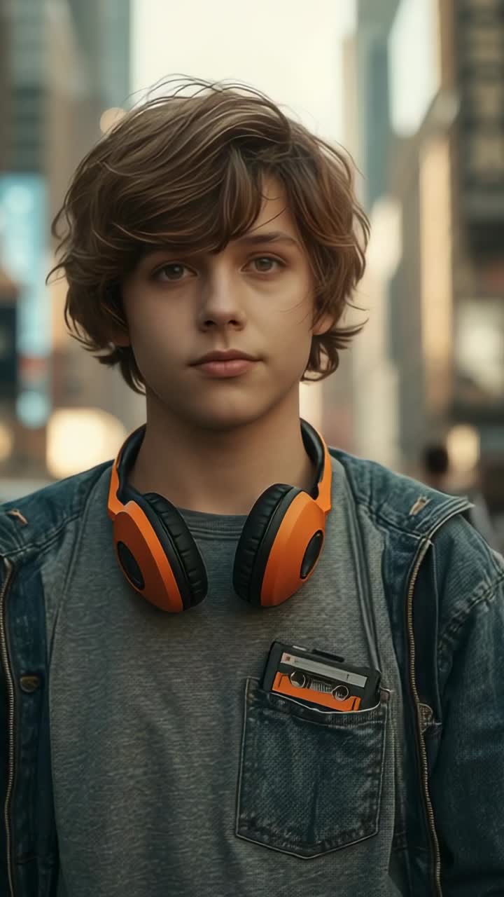 Vertical video: Standing teen facing camera on city street, showcasing orange headphones, cassette
