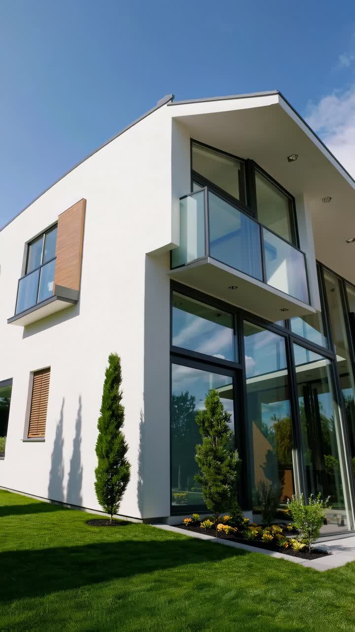 Esterno di una casa moderna con grandi finestre di vetro, catturato da un angolo basso