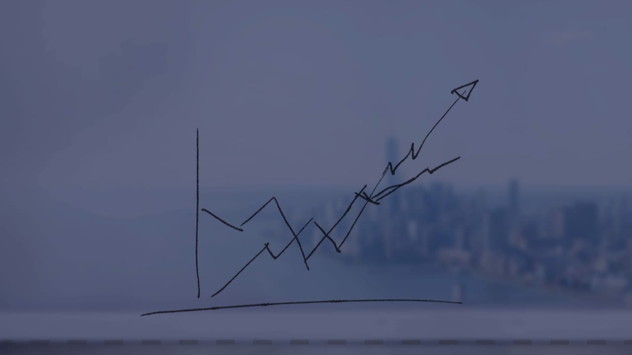 Animation of statistical data processing over grid network against aerial view of cityscape