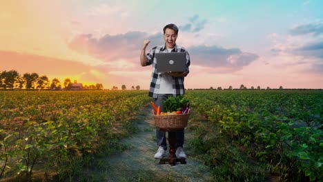 cuerpo lleno de feliz agricultor masculino asiático con canasta de verduras celebrando usando computadora portátil en el campo