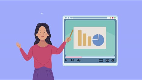 mujer joven enseñando con animación de página web