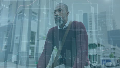 animation of financial data processing over african american man in city