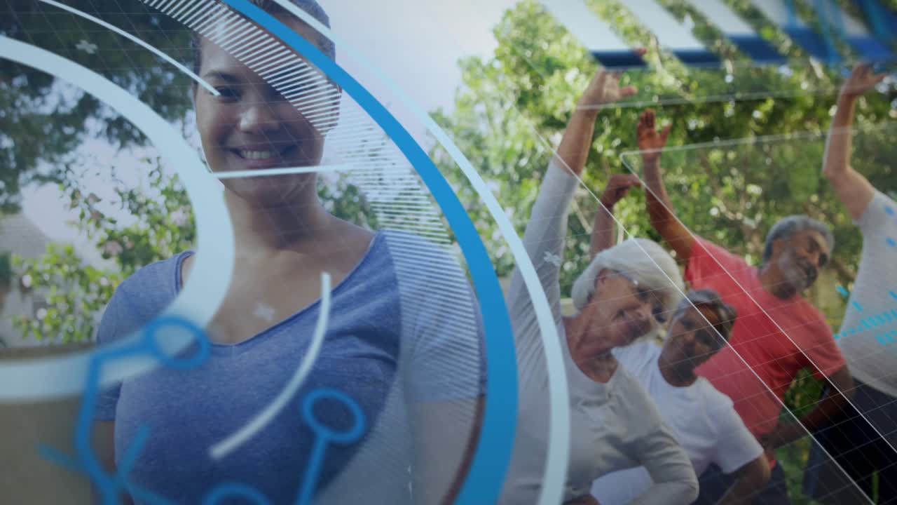 Leader signaling, seniors doing side-stretch for fitness, circular overlay sweeping revealing group