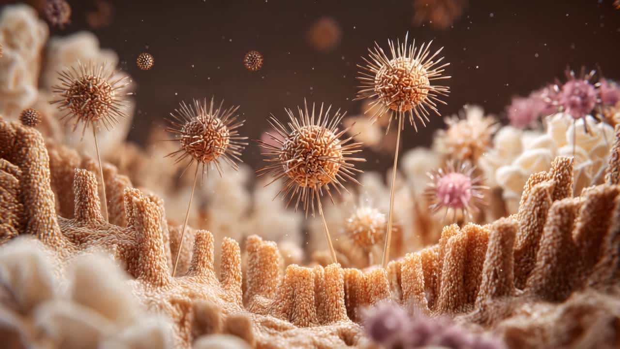 Intricate Microbial Landscape: A Close-Up View of Unseen Life Forms Flourishing in a Complex Ecosystem Rich with Vibrant Colors and Unique Structures, Capturing the Beauty of Nature's Microscopic Wonders