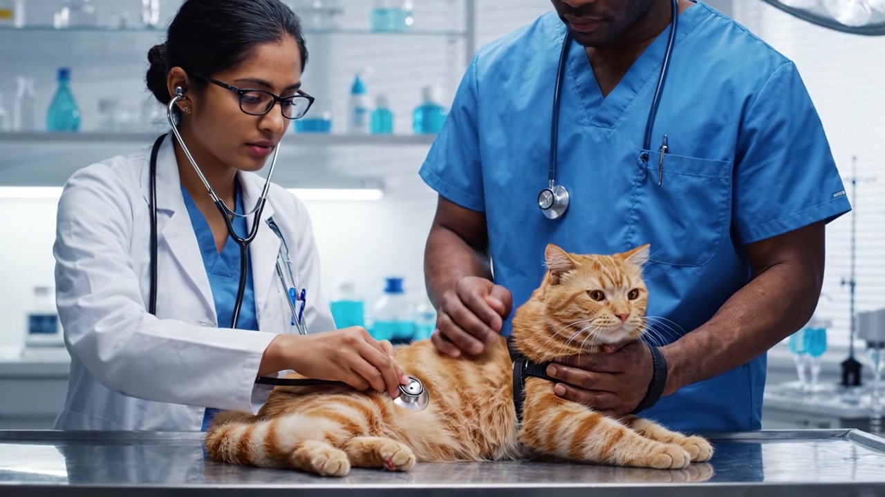 Veterinarians Conducting a Routine Check-Up on a Healthy Cat at a Veterinary Clinic, Ensuring Its Well-being and Health in a Professional Environment