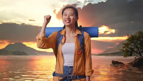 mujer feliz viajera al atardecer