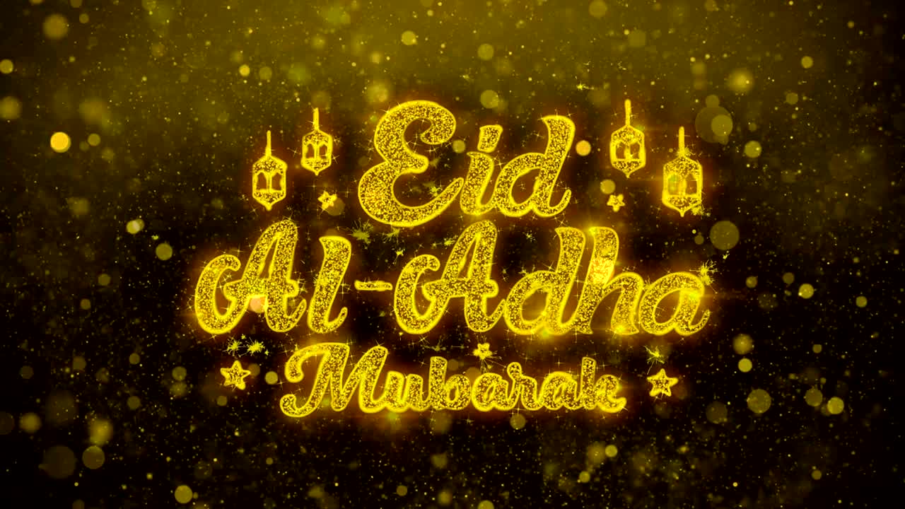 eid al-adha mubarak deseo texto en el brillo dorado partículas de brillo animación