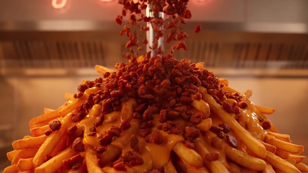 Crispy Bacon Bits Falling onto a Pile of Cheesy French Fries