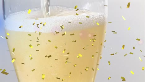 animation of gold confetti over beer pouring into glass and blue light on white background