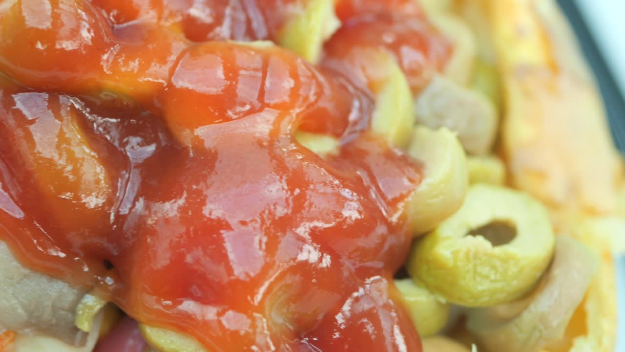 Close-up of Food with Red Sauce and Olives