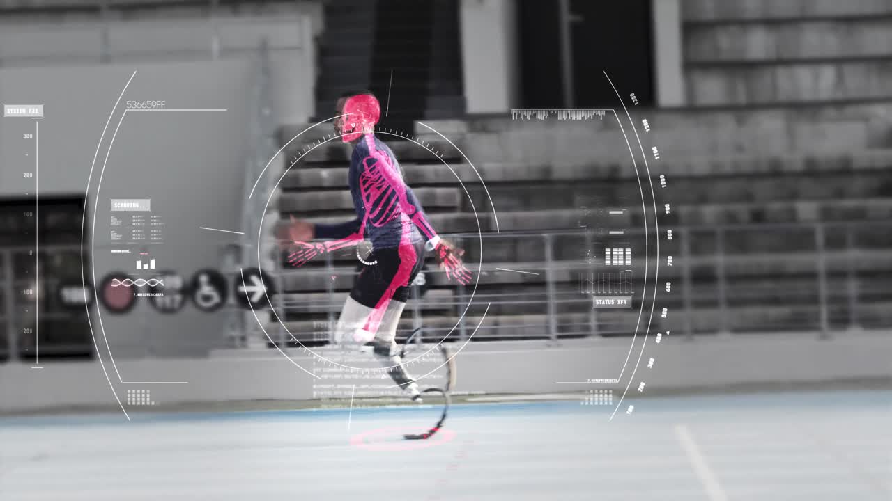 Animation of mixed race male disabled athlete with prosthetic legs exercising at a sports stadium