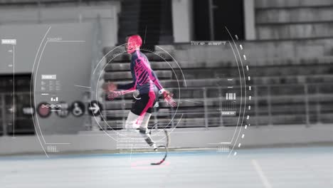 Animation-of-mixed-race-male-disabled-athlete-with-prosthetic-legs-exercising-at-a-sports-stadium