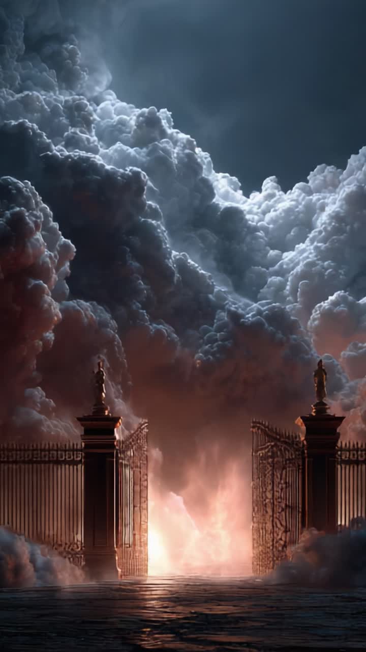 Una transición dramática entre dimensiones: puertas iluminadas rodeadas de nubes turbulentas, que simbolizan un viaje de la oscuridad a la luz y el descubrimiento de misterios ocultos
