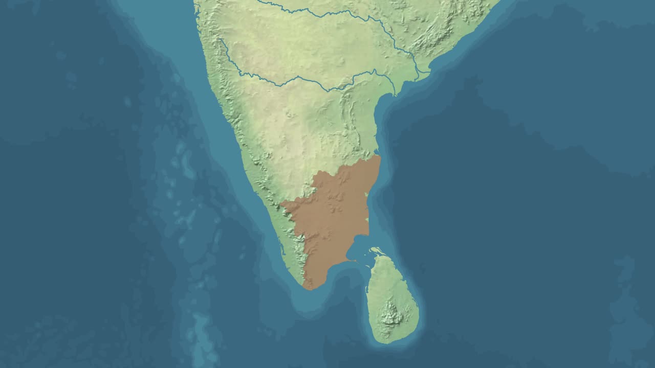 zoom en mapa de satélite animado del estado o provincia de tamil nadu de la india con área reveladora
