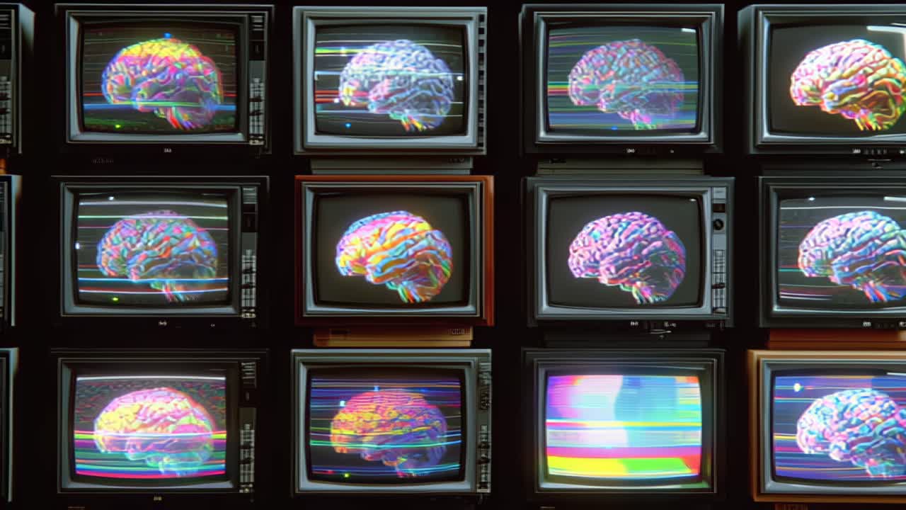 Multiple vintage CRT televisions display distorted brain imagery with RGB glitch effects and scan lines, creating a surreal technology and neuroscience concept background