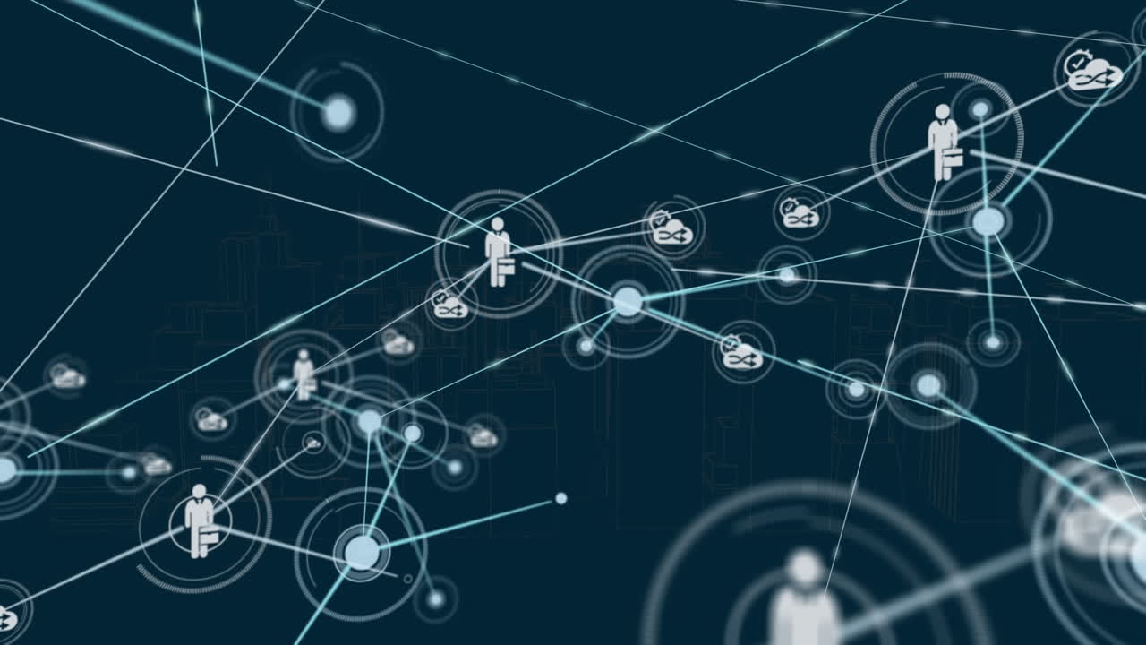 Animation of network of connections and digital icons against blue background