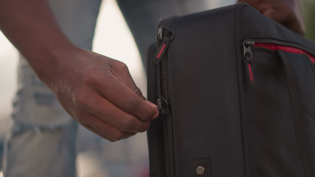 closeup hands unzipping torn backpack, black dj secures gear before street performance, careful fingers work zipper, torn side stitched temporarily, worn sneaker and cobblestone pavement visible