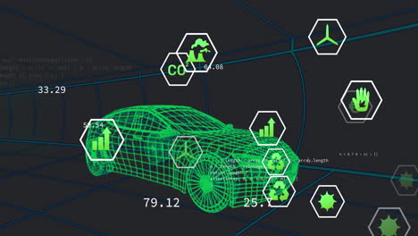 animación de múltiples iconos digitales sobre un modelo de coche 3d que se mueve en un patrón sin fisuras en un túnel