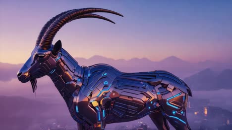 cybernetic ibex statue at sunset