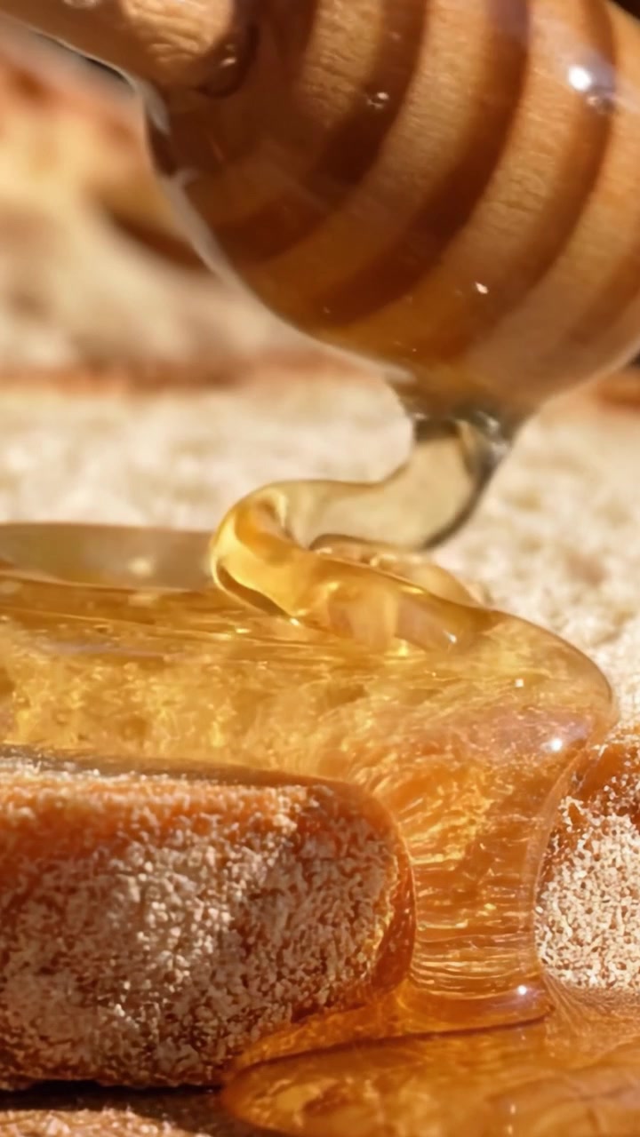 Un'esplorazione ravvicinata di miele dorato che cola su pane morbido, catturando la dolcezza e la consistenza di questa deliziosa combinazione con uno scorcio dello sciroppo della natura