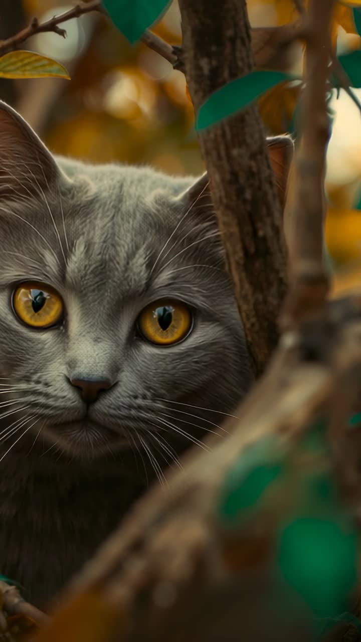 Video verticale: gatto che sbircia, muovendo orecchie e baffi, con gli occhi che spuntano da dietro un tronco in giardino