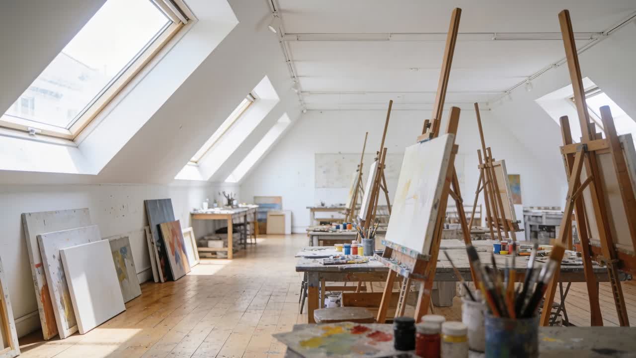 Glidende kamera avslører trestaffelier og bord i et kunststudio i et loft, som viser malingskrukker og pensler.