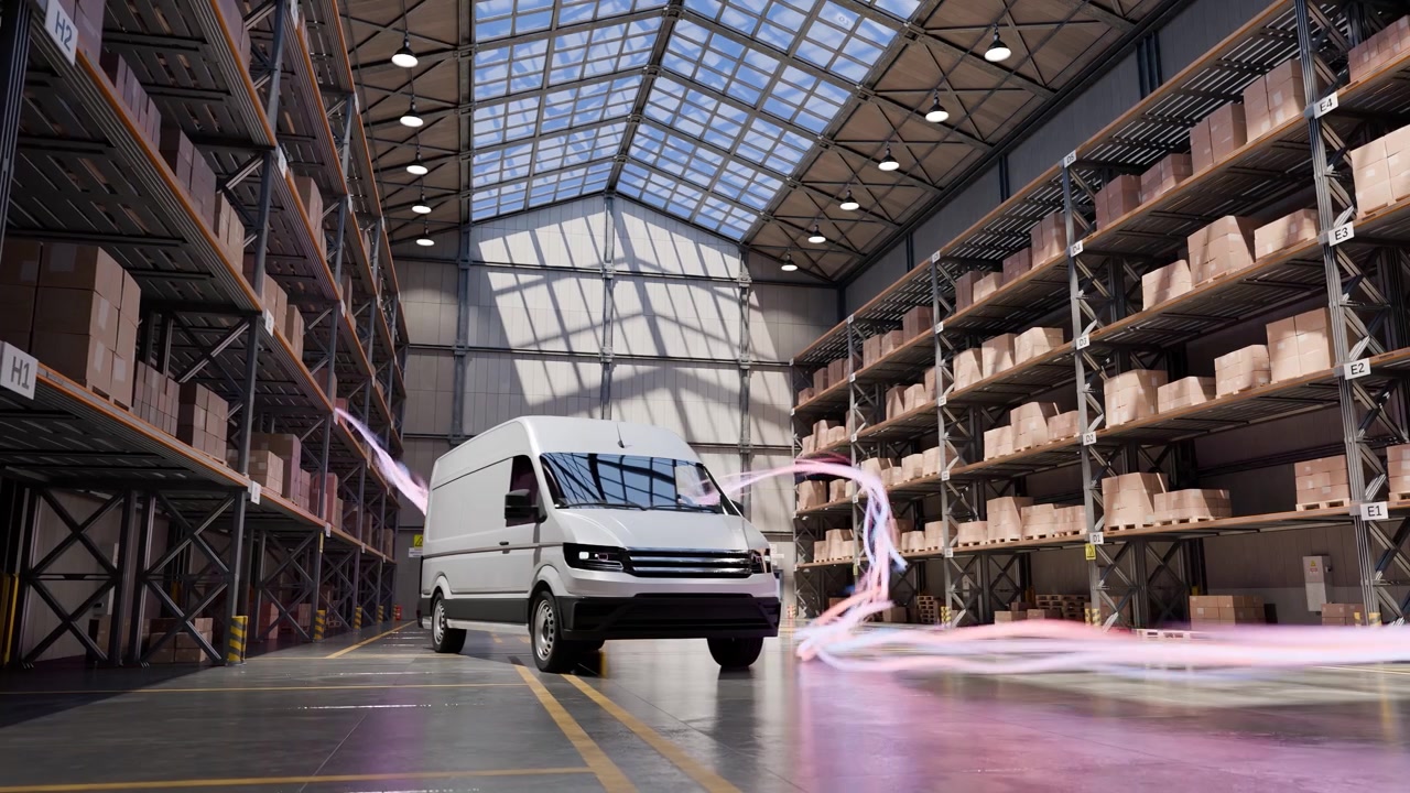 Furgone per le consegne all'interno di un magazzino industriale con scaffali di scatole di cartone impilate su pallet, con effetto mosso che indica velocità. Concetto di logistica, trasporto e spedizione