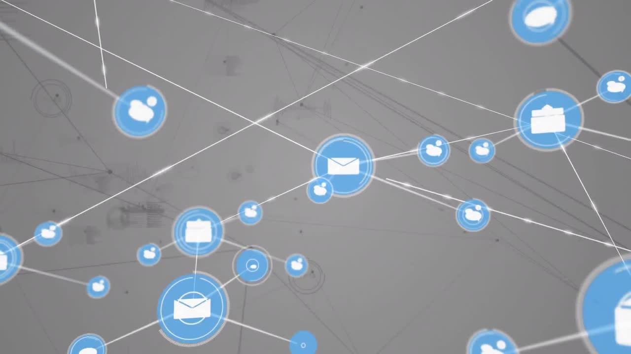 Animation of network of connections with icons over black background