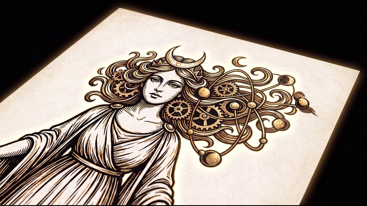 Steampunk Goddess Illustration with Rotating Celestial Gears