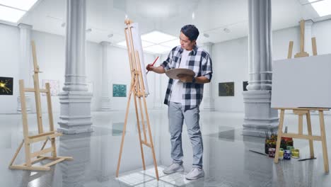 full body of asian male artist is concentrated painting on canvas by oil paints and brush in gallery