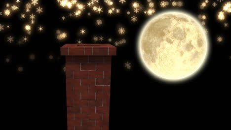 animation of winter christmas scenery with chimney, snow falling and moon