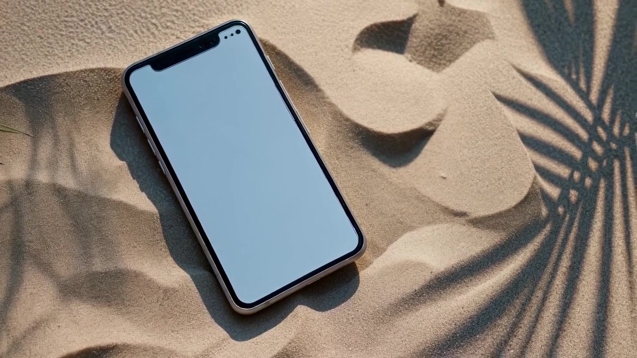 Mockup-smartphone på sand med dynamiske palmebladsskygger