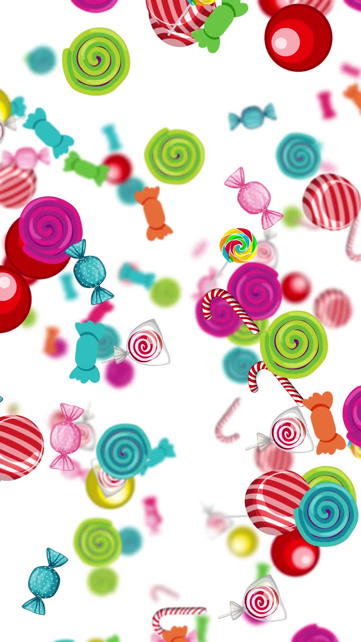 Vibrant candies cascade against a white background, creating a lively, playful atmosphere with smooth transitions and dynamic motion