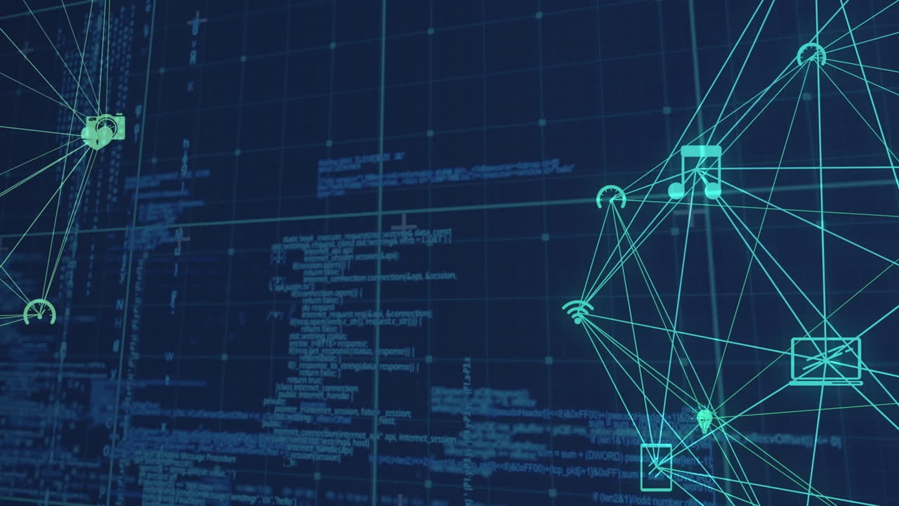 Animation of network of connections with icons over data processing on black background