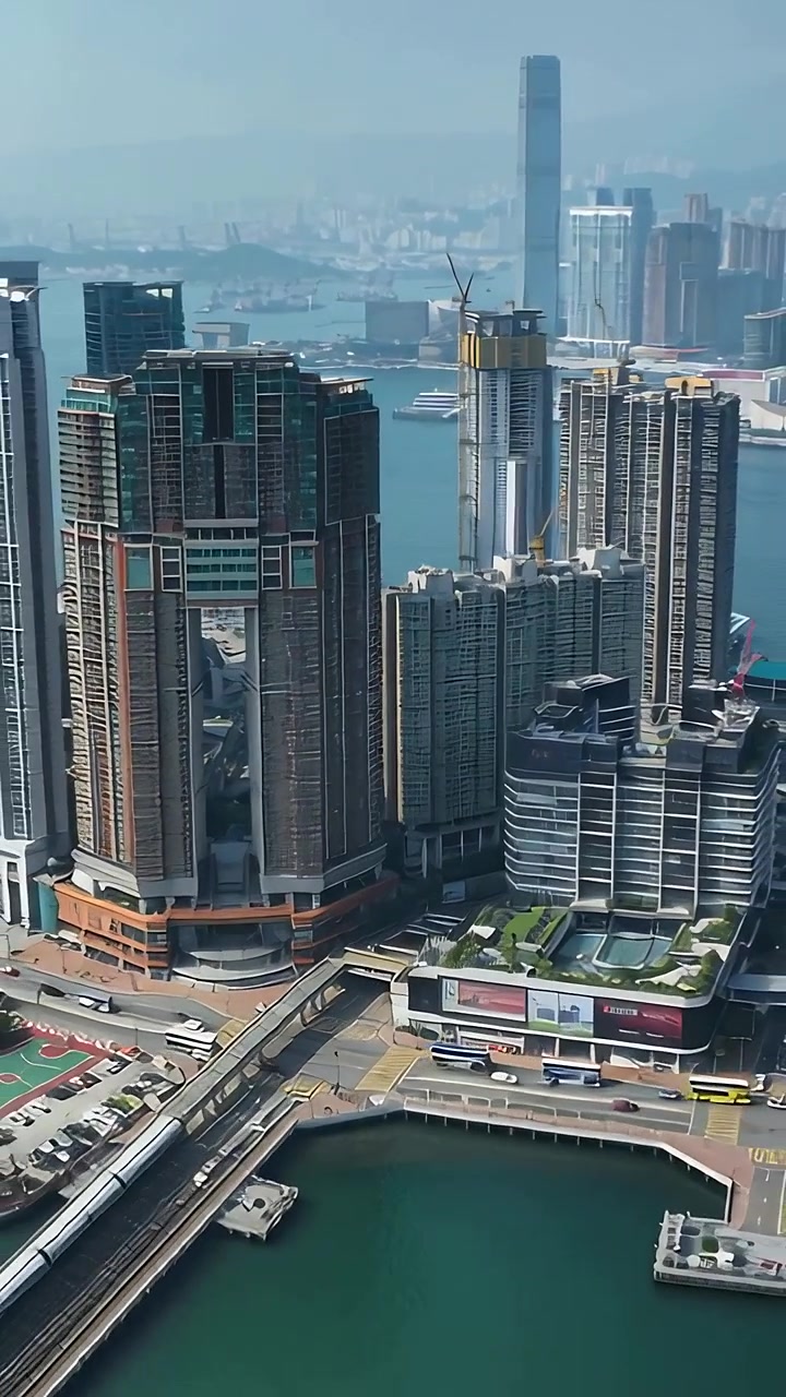 Vertical video: Tilting aerial shot revealing waterfront towers with crane, pool and marina