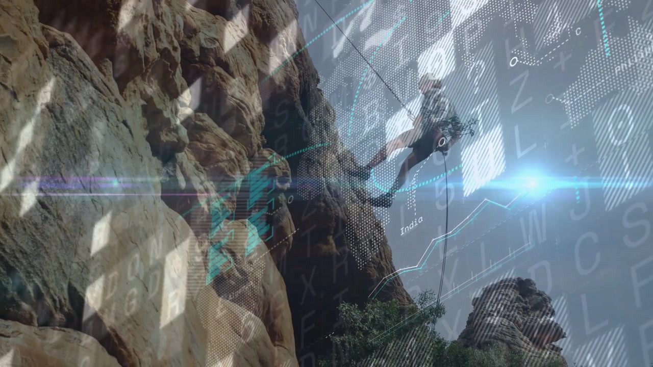 Video verticale: Uomo che inizia la discesa in corda doppia fino alla base mentre un grafico dati traccia e poi cresce.