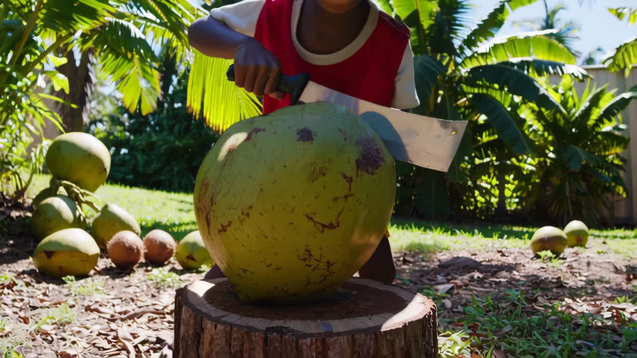 Child Cutting a Coconut