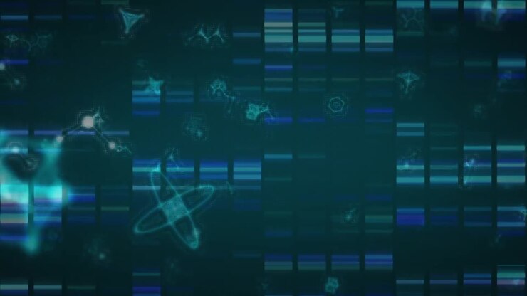 Animation of molecules over moving columns on black background