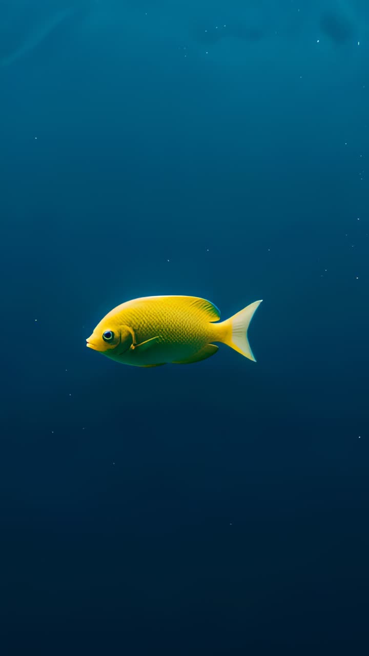 Video verticale: pesce giallo che nuota avvicinandosi alla telecamera nel mare, zoom che rivela particelle di luce