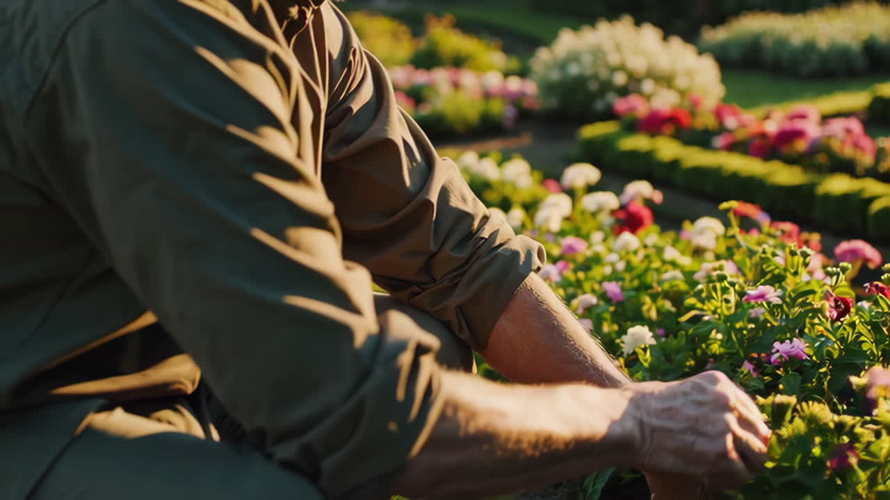 Senior Gardener Tending to Beautiful Flower Garden