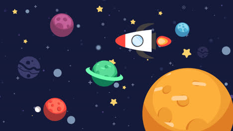 motion graphic of background of colorful planets with rocket