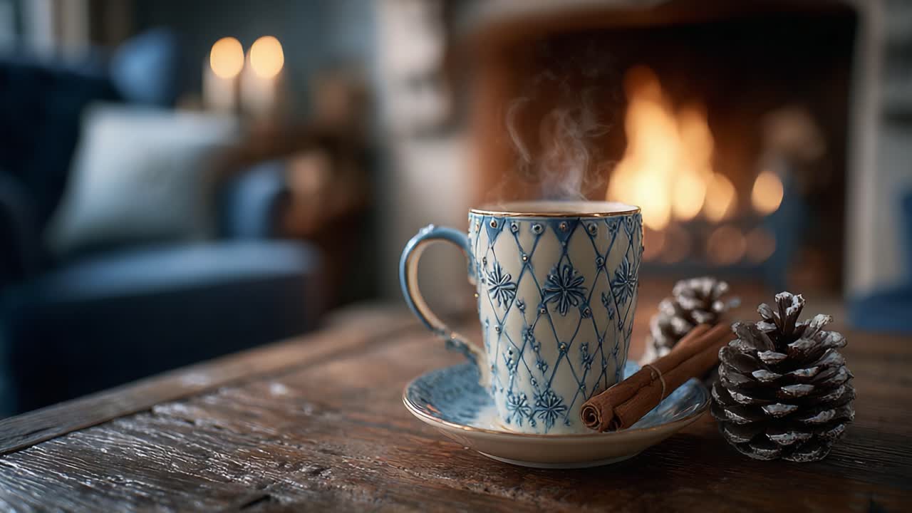 Cozy Winter Scene Featuring a Steaming Cup of Coffee or Tea, Surrounded by Pine Cones and a Warm Fire, Perfect for Relaxation and Comfort in a Rustic Setting