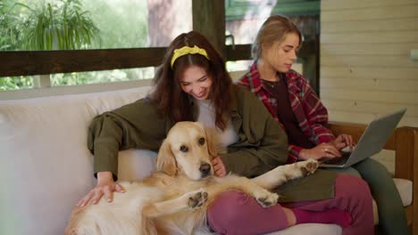 A-blonde-girl-in-a-red-plaid-shirt-works-on-a-laptop,-and-a-brunette-girl-in-a-green-jacket-strokes-a-light-colored-dog-in-a-gazebo-in-nature