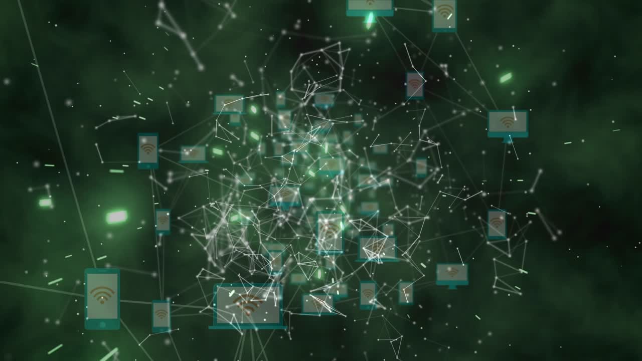 Animation of network of connections with icons and globe on black background