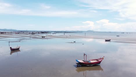 AERIAL,-Boats-Beached-At-Bang-Sean-Beach-During-Low-Tide