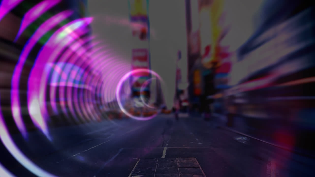 animación de círculos en movimiento contra la gran ciudad